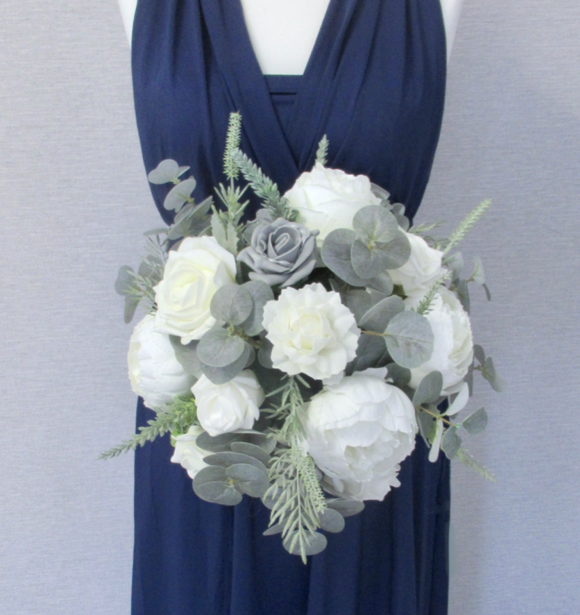 Large green & white bridesmaid bouquet, Eucalyptus, white peony and rose bridesmaid bouquet